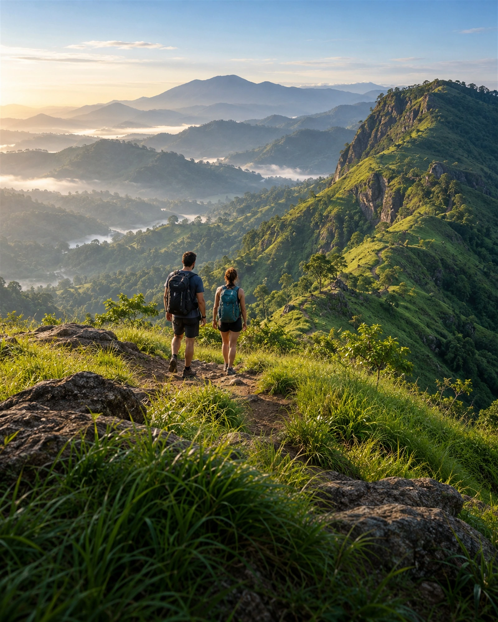 Two hikers looking across lush Sri Lankan mountain scenery